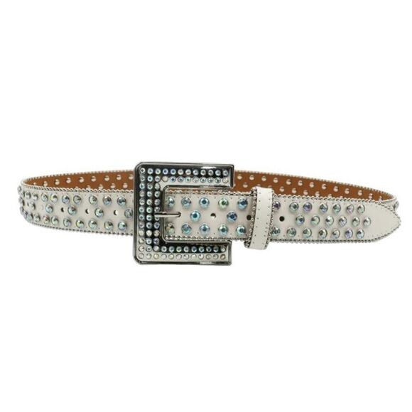 Men’s White Diamond Rhinestone Leather Square Buckle Belt Size 42 - Picture 2 of 6